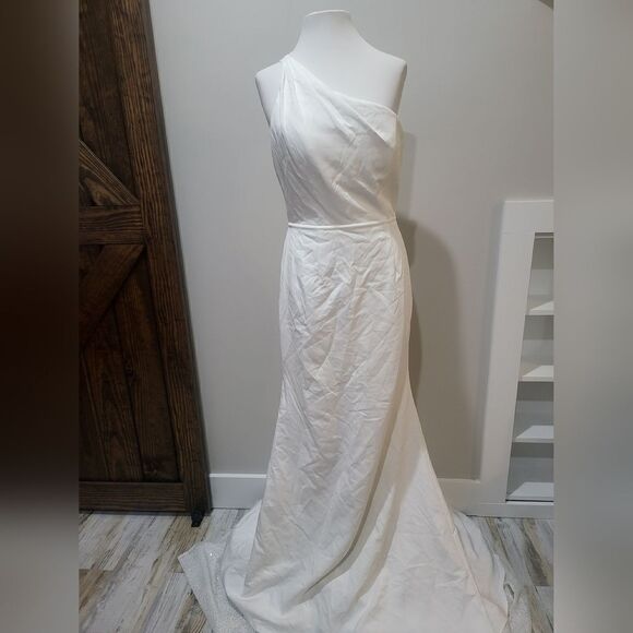 Mac Duggal ONE SHOULDER JERSEY MERMAID GOWN NWT Size 8 White (26266) - Picture 3 of 5